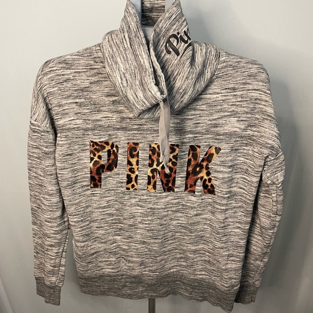 PINK Victoria's Secret Cowl‎ Neck Sweatshirt Womens XS Grey Leopard Print Logo